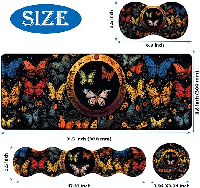 Mouse Pad Combo Large Gaming Mouse Pad + Keyboard Wrist Support + Mouse Wrist Rest + Coaster Table Pad 31.5 x 11.8 with Memory Foam Ergonomic Wrist Pad Set Colorful Butterfly Moon Pattern
