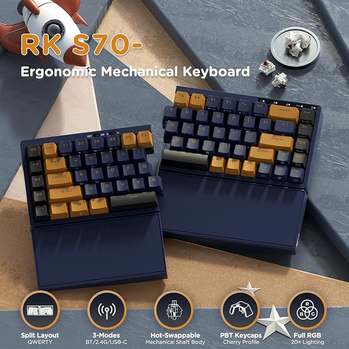 RK ROYAL KLUDGE RKS70 Ergonomic Split Keyboard Wireless PC Gaming Keyboard with Bluetooth/2.4G/Wired Hot Swappable Mechanical Keyboards w/Fixed Wrist Rest PBT Keycaps Tactile Switches Black