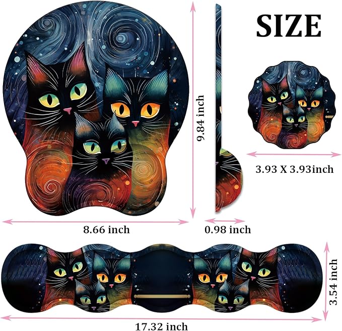 Mouse Wrist Rest and Keyboard Wrist Rest Pad+ Coaster Set Non-Slip Rubber Base Smooth Surface Ergonomic Gaming Mouse Pad for Easy Typing and Pain Relief Moon Cat