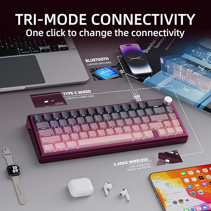 KY65 Wireless Mechanical Keyboard65% Gasket Hot Swappable Custom KeyboardRGB BacklitPre-lubed Gateron SwitchesSide Printed PBT Keycaps2.4GHz/TYPE-C/BT5.0 Mechanical Gaming Keyboards Pink&ampBla
