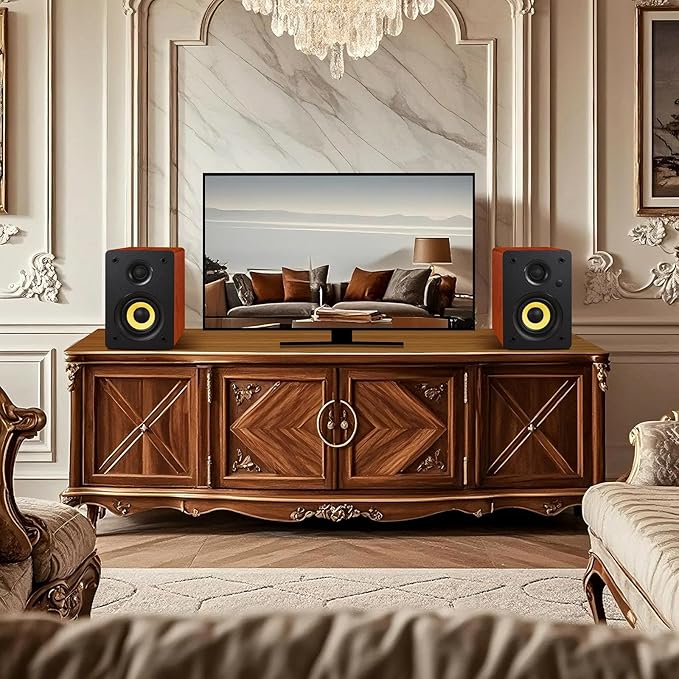 Sanyun SW206 4” HiFi Bookshelf Speakers with Studio Mode 80W Active Bluetooth 5.4/Optical/Coaxial/TRS/Aux/24bit DAC USB for Turntable TV PC Desktop Wooden Enclosure Remote Control Red