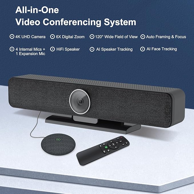 Video Conferencing System 4K Conference Room Camera with 4 Microphones &amp 1 Expansion Mic &amp Speaker AI Face &amp Speaker Tracking 120° Wide Angle View PC/Mac/Laptop/Meetings/Teams/Zoom - L