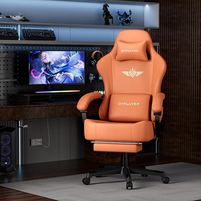 GTPLAYER Gaming Chair with Pocket Spring Cushion Big and Tall Gamings Chairs 350LBS High Back Computer Chair with Footrest for Adults Lumbar Support Swivel Game Chair for Office Leather Orange