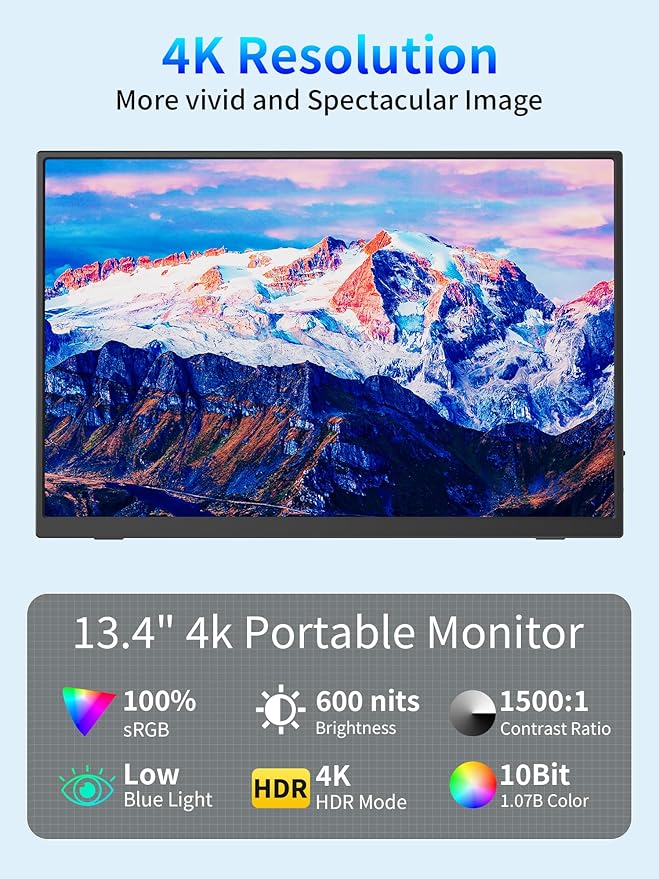 4K Portable Monitor 13.3 UHD IPS Laptop Screen Slim Lightweight Dual USB C HDMI Computer Gaming Display with Speakers Travel Monitor for PC Phone PS5/4 Xbox Switch