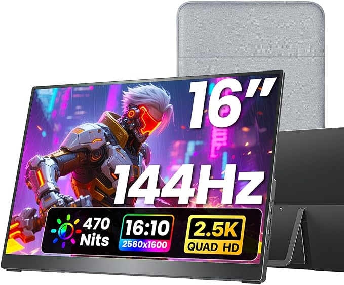 Portable Monitor 16 inch 2.5K QHD 100% sRGB 144Hz Travel Monitor for Laptop MacBook Surface PC Xbox PS5 HDMI USB-C VESA Compatible Built-in Speaker