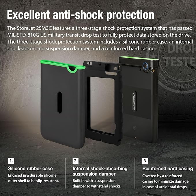 Transcend StoreJet 4TB Rugged External Hard Drive USB3.1(5Gbps) Type-C Portable HDD One Touch Auto-Backup Button/Anti-Shock Resistant/Compact&ampLightweight&ampLightning Fast-Speed Iron Grey-TS4T
