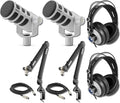 Rode PodMic Cardioid Dynamic Broadcast Microphone (White Pair) with 2X PSA1+ Broadcast Microphone Boom Arms 2X Cans50 Professional Studio Headphones and 2X XLR Cables