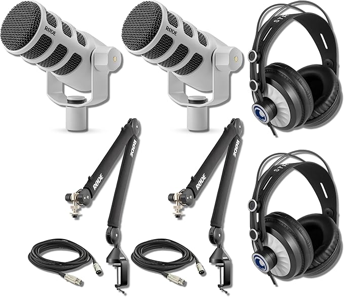 Rode PodMic Cardioid Dynamic Broadcast Microphone (White Pair) with 2X PSA1+ Broadcast Microphone Boom Arms 2X Cans50 Professional Studio Headphones and 2X XLR Cables