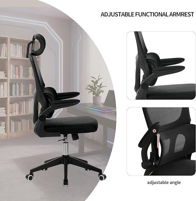 High Back Ergonomic Office Chair - Big and Tall Mesh Desk Chair with 3D Adjustable Headrest &amp Lumbar Support Swivel Computer Task Chair for Home Office Wide Seat 300lbs Capacity (Black Model F