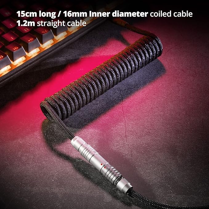 GUNMJO Pro Custom Coiled USB C Cable for Gaming Keyboard Double-Sleeved Mechanical Keyboard Cable with Slim Type Detachable Metal Aviator 1.5M USB-C to USB-A Classic Black Color