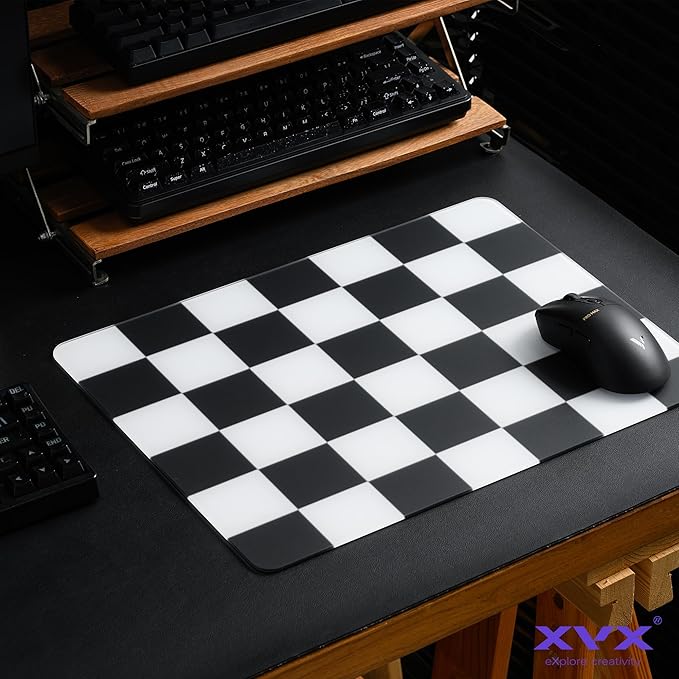 XVX Black &amp White Checkerboard Tempered Glass Gaming Mouse Pad Large Hard Mouse Mat 410mm×310mm Ultra-Smooth Glass Surface for Speed &amp Precision Control
