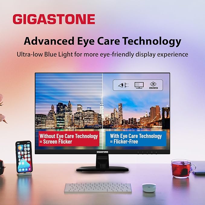 Gigastone 24 inch IPS LED Back Light Monitor 2-Pack 75Hz FHD 1920 x 1080 178° Wide View Frameless Dual Monitor 5ms Built-in Speakers Eye Care Technology Ergonomic Tilt VESA Mount HDMI VGA