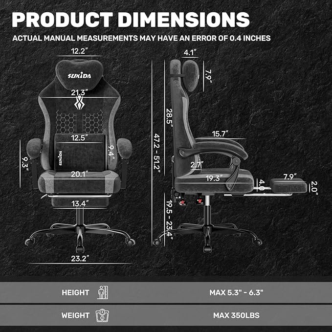 SUKIDA Fabric Video Gaming Chair Ergonomic High-Back Computer Game Chairs with Large Massage Adjustable Lumbar Support Headrest and Linked Armrests for Long Hours Sitting Task Chair Black