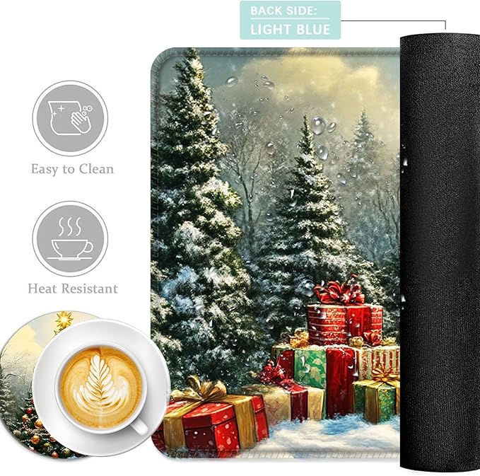 Keyboard Mouse Pad Set Extended Gaming Mouse Pad+Ergonomics Keyboard Wrist Rest Support Memory Foam Easy Typing Pain Relief 4Pcs XL Ultra Thick Desk MatChristmas Tree Snowman