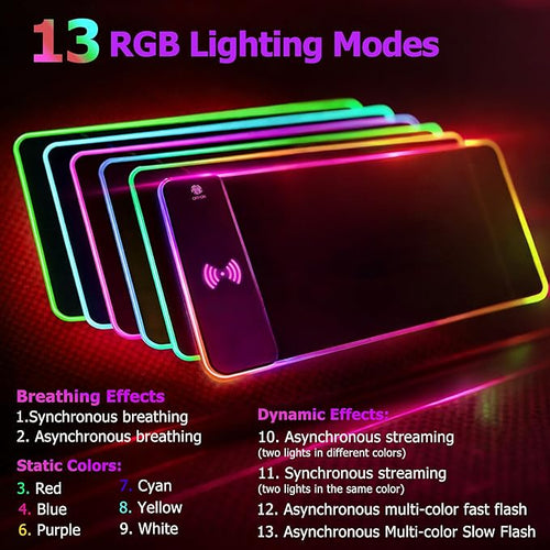 15W Wireless Charging RGB Gaming Mouse Pad XXL Large Desk Mat (31.5 x 11.8 x 0.16) with 13 Light Modes Compatible with iPhone 17/16/15/14/13/12/11 Samsung S23 and AirPods