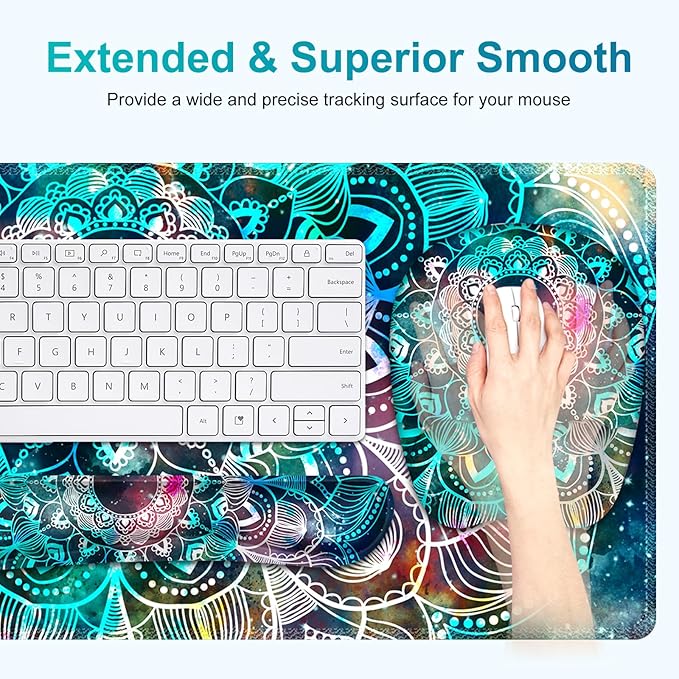 Large Mouse Pad with Wrist Support 4 in1 Set XXL Big Game Mousepad + Keyboard Wrist Rest+Mouse Wrist Rest+Coaster Ergonomic Gaming Mat for Home Office Table Computer I Nice Green Mandala