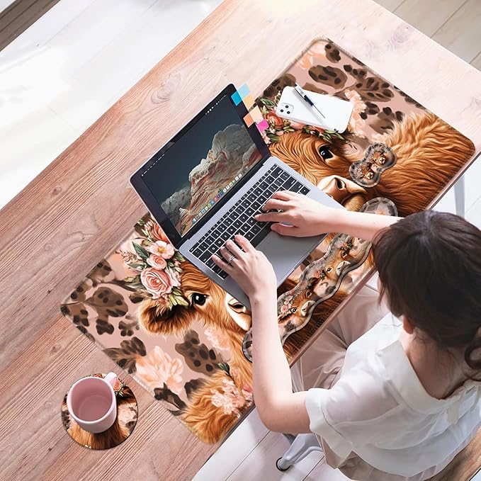 Mouse PadLarge Desk Mat Set 4in1 XL Mousepad + Keyboard Wrist Rest+Mouse Wrist Rest+Coaster with Ergonomic Desk Pad for Home Office Table Computer Cover -Highland Cow with Flower Crowns