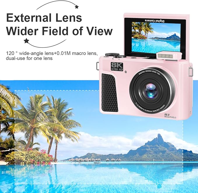Zopsc 8K Digital Camera 88MP with WiFi 18X Zoom and 3in Flip Screen Autofocus Vlogging Camera with LED Fill Light Live Streaming Webcam for Travel (Pink)