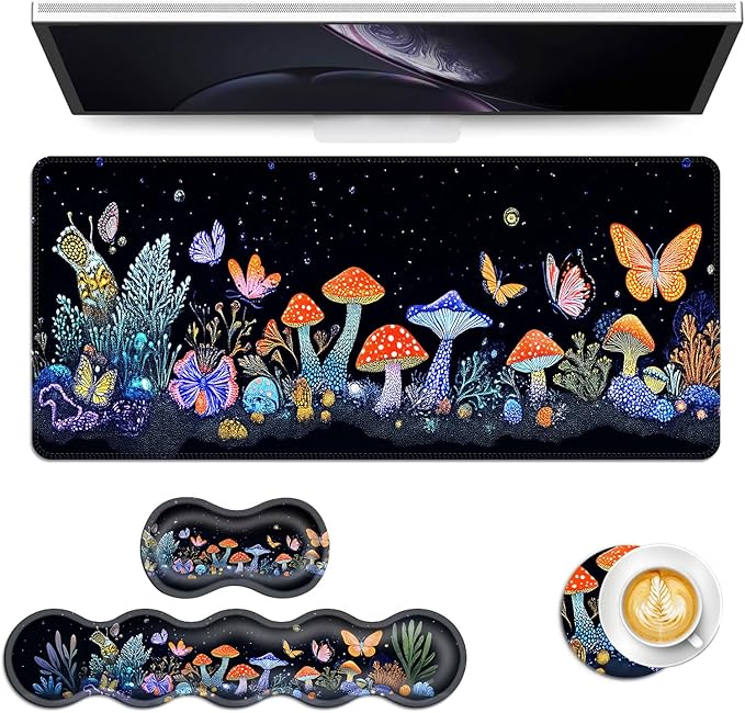 Keyboard Mouse Pad Set Extended Gaming Mouse Pad+Ergonomics Keyboard Wrist Rest Support Memory Foam Easy Typing Pain Relief 4Pcs XL Ultra Thick Desk MatGlow Mushroom Butterfly