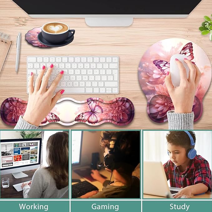 Ergonomic Keyboard Wrist Support Pad and Wrist Support Mouse Pad Anti-Slip with Gel Memory Mouse Pad Set Suitable for Office Use/Home Use - Pink Butterfly Flower