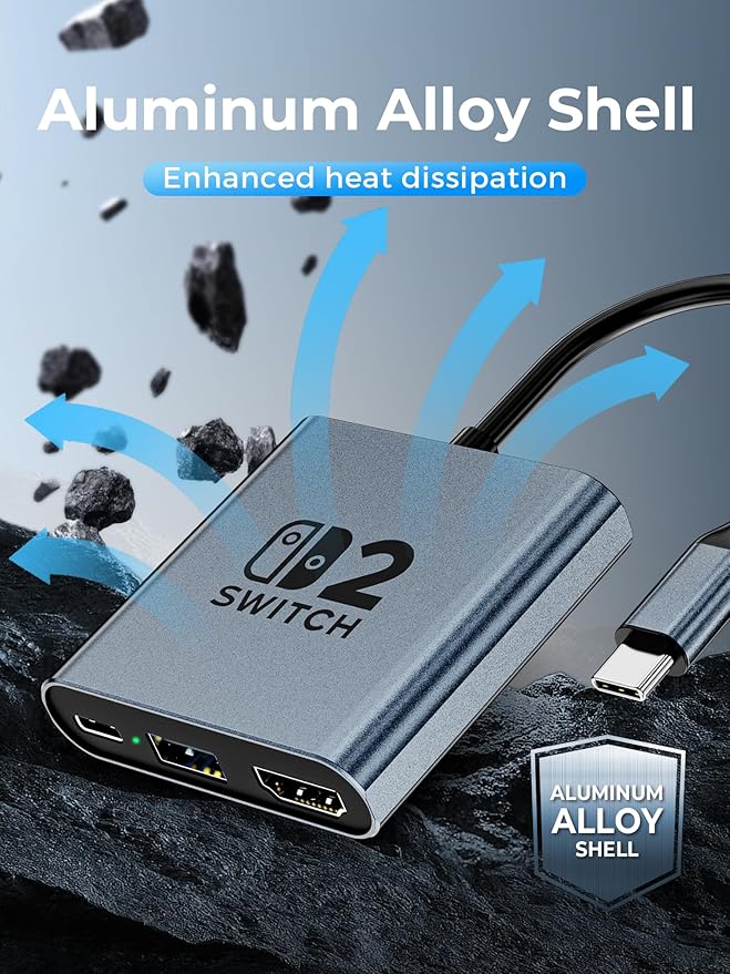 Switch 2 DockPortable USB C Docking Station with 4K@120Hz/PD 100W/1000M Ethernet/2 USB 3.0 PortAluminum Alloy Travel TV Dock for Switch/Steam Deck/ROG Xbox Ally X/Legion Go 1/2/S