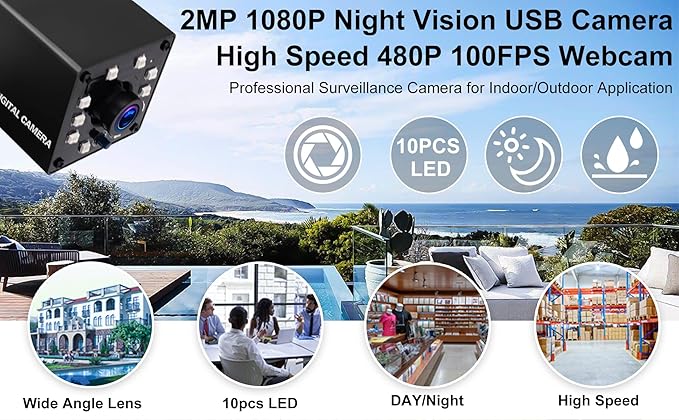 USB Camera 100fps Night Vision WebcamFull HD 1080P Web Cam with IR Cut and 10pcs Led Board LightsDay Nights Webcameras2mp Web Cameras for Most OS (3.6mm lens webcam with IR LED board)