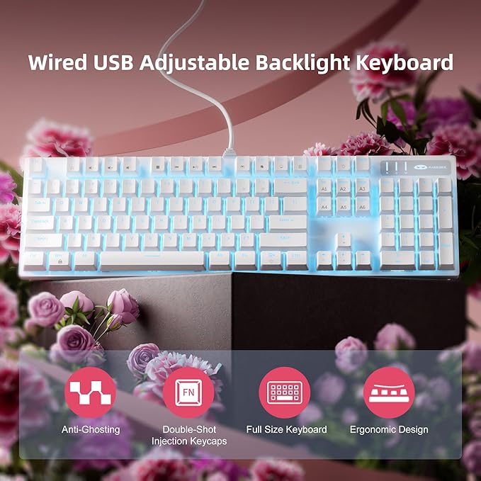 MageGee Mechanical Gaming Keyboard Wired USB Adjustable Backlight Keyboard New Mechanical Storm 100% Anti-ghosting Keyboards with Blue Switches for Windows PC/MAC Games (White)