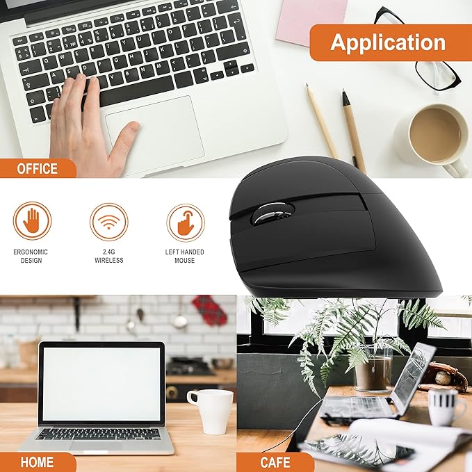 J-Tech Digital Left Handed Wireless Ergonomic Vertical Mouse for Small Hands with USB Nano Transceiver AA Battery 4 DPI Compatible with Mac and PC Black [V628ML]