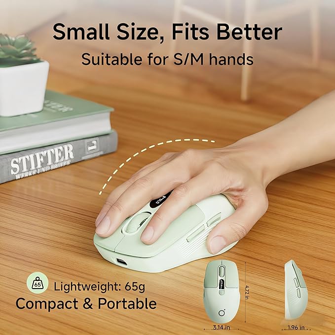EWEADN Q1 Wireless Mouse BT &amp 2.4G Silent Mouse Quiet Click with 1600 DPI Levels Battery &amp DPI LED Screen Display 6 Button Small Portable Bluetooth Mouse for Laptop/PC/Mac-Green