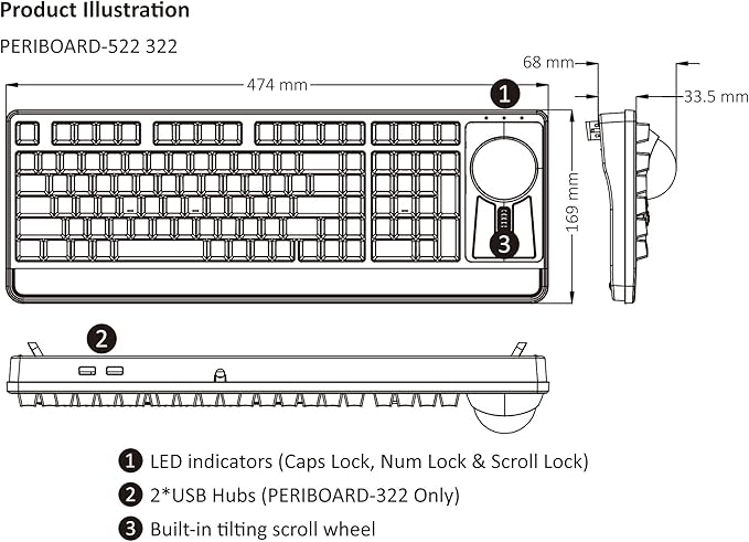 Perixx Periboard-522 Wired Trackball Mechanical Keyboard Build-in 2.17 Inch Trackball with Pointing and Scrolling Feature Durable 3.2lbs Weight