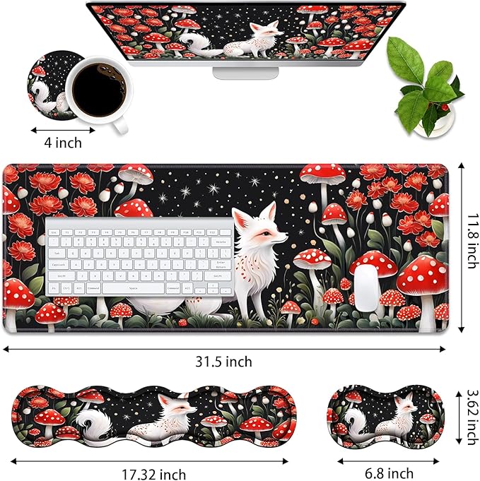 4 in 1 Ergonomic Memory Foam Mouse Pad Wrist Rest Set Large XXL Gaming Desk Pad + Keyboard Wrist Rest + Mouse Wrist Cushion + Coaster for Home Office Study Gaming White Fox Mushroom