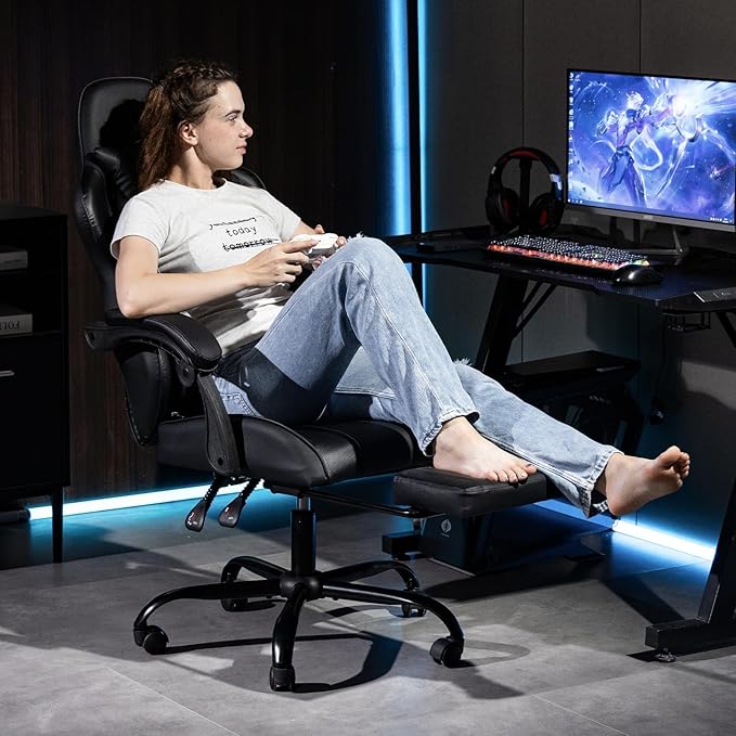 Gaming Chair with Footrest for Adults - PU Leather Massage Racing Video Game Chair w/Lumbar Support for Men Women Ernogomic Computer Game Chair for Home Office Height Adjustable Black