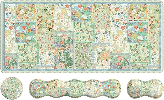 iLeadon Mouse Pad and Keyboard Wrist Rest Large Computer Desk Mat Mouse Pad Set with Wrist Pad for Keyboard Cute Green Desk Pad Mat with Non Slip Base Office Home(Floral)