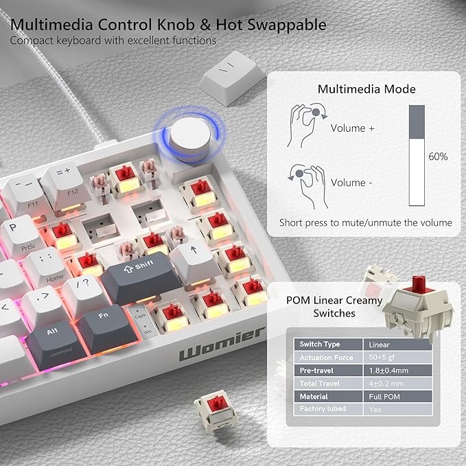 Womier VK66 PRO 60% Gaming Keyboard Wired QMK/VIA Creamy Mechanical Keyboard Hot Swappable Gasket Mount RGB Key Board &amp Translucent Keycaps (White)