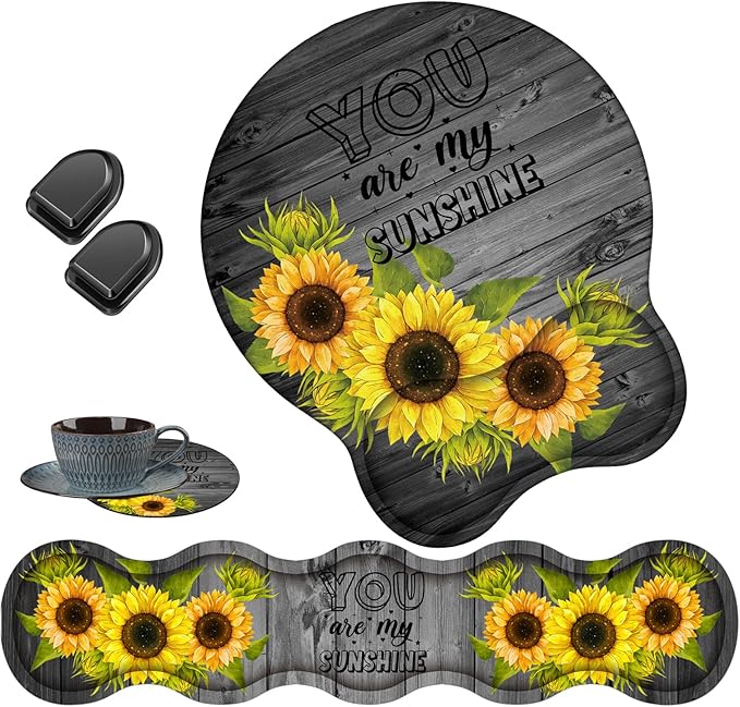 Keyboard Wrist Rest Support and Wrist Rest Mouse Pad with Non-Slip PU Base with Coaster Hook Gel Memory Mouse Pad Combo for Gaming Office Pain Relief - Wood Grain and You are My Sunshine
