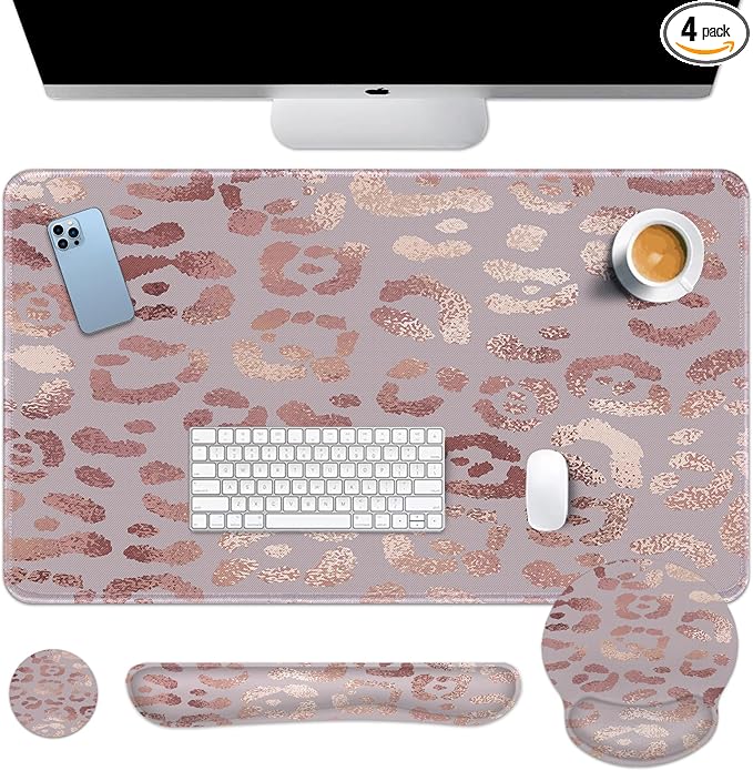 Arttown Leopard Rose Gold Pink Desk Mat Animal Skin Mouse Pad Set with Wrist Support 4-in-1 Large Mousepad+Keyboard Wrist Rest+Mouse Wrist Rest+Coaster with Ergonomic Design Non-Slip Mat