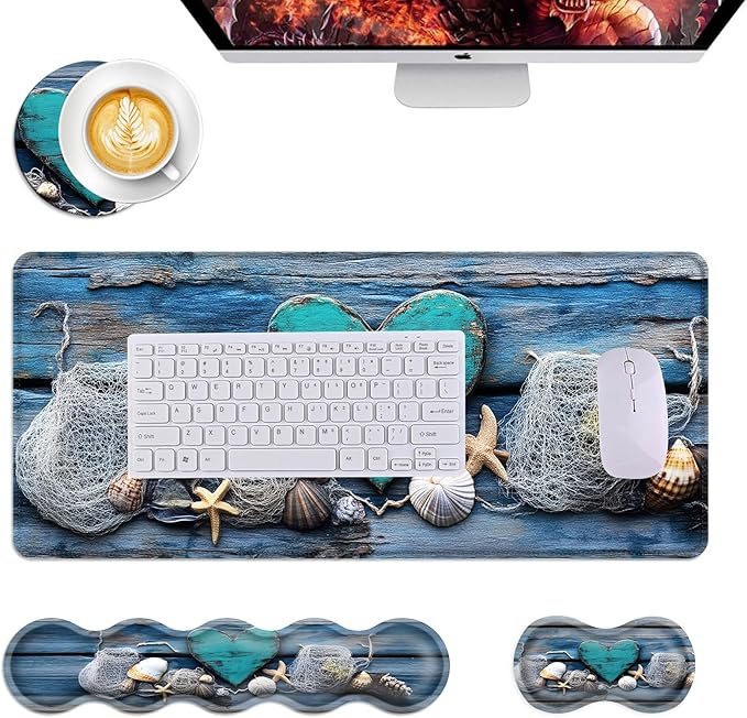 Mouse PadLarge Desk Mat Set 4in1 XL Mousepad + Keyboard Wrist Rest+Mouse Wrist Rest+Coaster with Ergonomic Desk Pad for Home Office Table Computer Cover -Rustic Beach Heart Seashells
