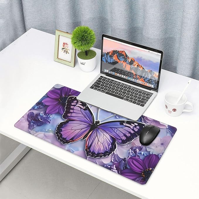Purple Butterfly Floral Desk Cover MatExtended Large Mouse PadComputer Laptop Mat Desk Decor for Office Game Home 30x16 Inch