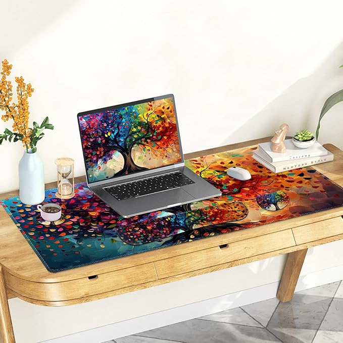 Large Gaming Mouse Pad Set 4 in 1 Ergonomics Keyboard Desk Mat with Memory Foam Wrist Rest Computer Extended Game Mousepad Non-Slip Desk Matt Easy Typing Pain Relief I Colorful Tree Leave