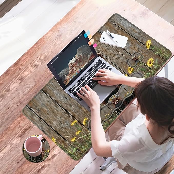 Mouse PadLarge Desk Mat Set 4in1 XL Mousepad + Keyboard Wrist Rest+Mouse Wrist Rest+Coaster with Ergonomic Desk Pad for Home Office Table Computer Cover -Calf with Sunflower Crown