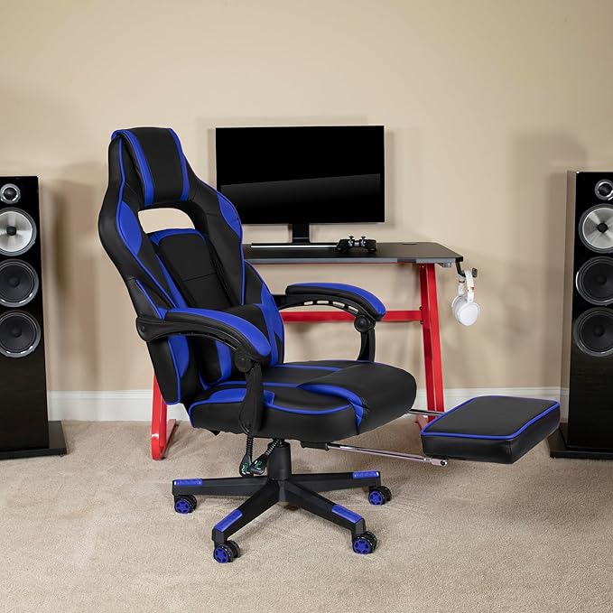 EMMA + OLIVER Black/Blue Ergonomic Gaming Chair -Recline Back/Arms Footrest Massaging Lumbar