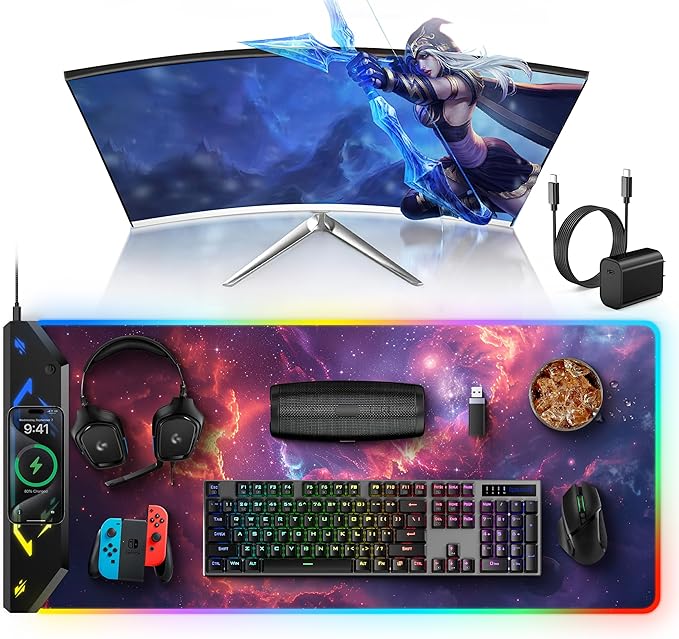 TopMade Wireless Charging Mouse Pad RGB Gaming Mousepad 35.4 x 15.8 Extra Large Waterproof Keyboard Desk Pad Computer Desk Mat Red Nebula (Includes 20W PD Power Adapter &amp 6.56ft Woven Cable)