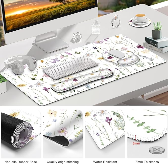 Gaming Mouse Pad Large Desk Mat Cute Desk Pad Protector 4in1 XXL Mousepad + Keyboard Wrist Rest+Mouse Wrist Rest+Coaster Set with Ergonomic Desk Pad for Home Office Computer Purple Flower Plants