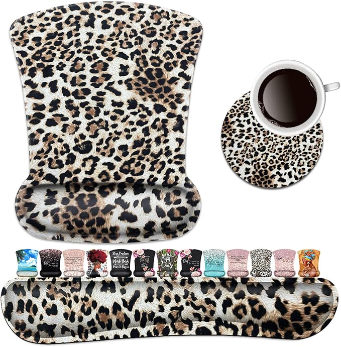 Keyboard Wrist Rest Pad and Ergonomic Mouse Pad Wrist Support Set Leopard for Gaming Office Comfortable and Pain Relief with Coaster Set
