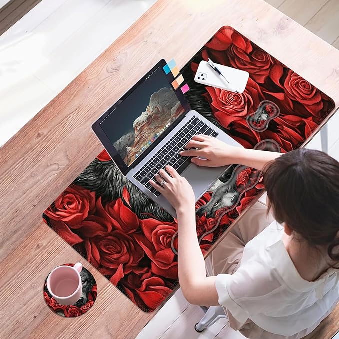 Mouse PadLarge Desk Mat Set 4in1 XL Mousepad + Keyboard Wrist Rest+Mouse Wrist Rest+Coaster with Ergonomic Desk Pad for Home Office Table Computer Cover -Wolf Among Red Roses