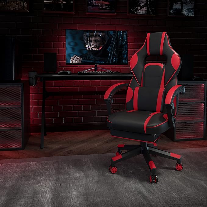 EMMA + OLIVER Red Ergonomic Gaming Chair - Reclining Back/Arms Footrest Massaging Lumbar