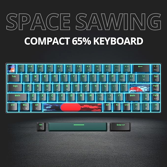 Protable 60% Percent Gaming Keyboard Mechanical Mini Compact Ice-Blue LED Backlit 68 Keys Wired Office Keyboard with Red Switch for Mac/Win/PS4/PS5(68Green/red Switch)