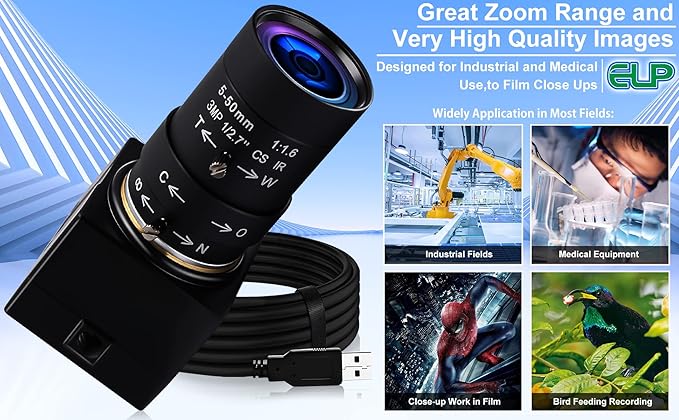 8MP USB Camera Manual Zoom 5-50mm Lens Webcam Variable Focus PC Camera Mini UVC USB2.0 USB with Camera for Computer IMX179 Close-up Camera Varifocal Web Camera with Zoom for Raspberry Pi Laptop