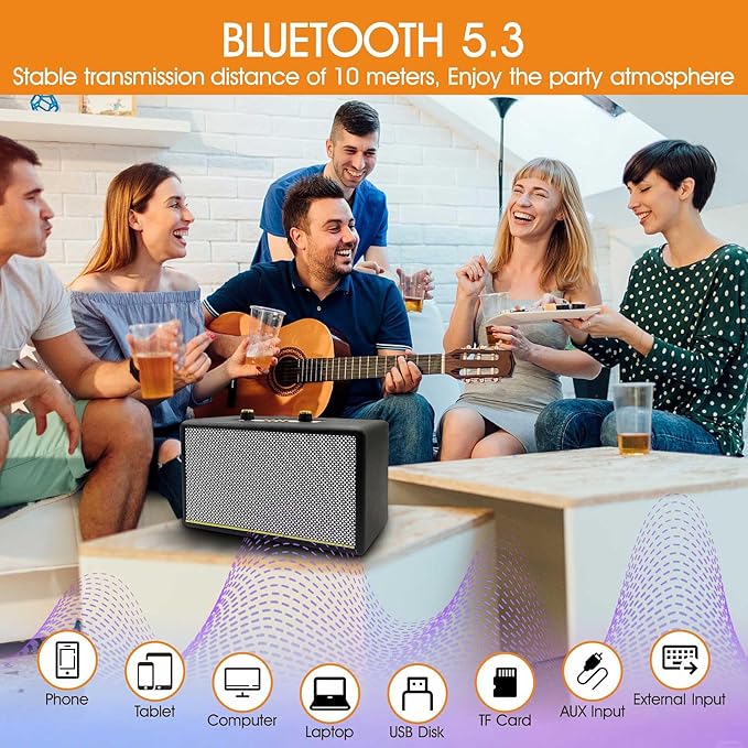 Portable Retro Bluetooth Speaker with FM Radio Treble/Bass Aux InputUSB PortMicro SD Card Slot- Wireless Loud Speakers Battery PoweredGifts for Home/Classroom/Party