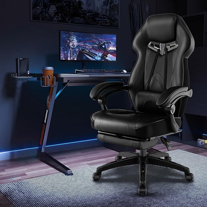 COSTWAY Gaming Chair Ergonomic Adjustable Racing Video Game Chair w/Retractable Footrest Padded Headrest &amp Lumbar Support High Back Reclining Home Office Computer Gamer Chair for Adults (Black)